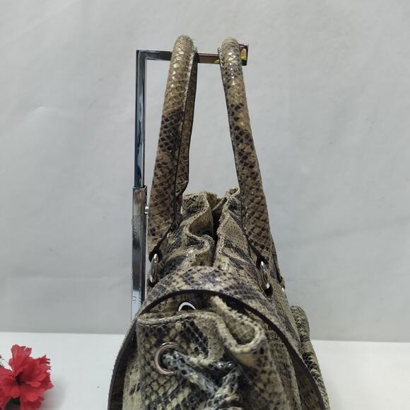 Michael Kors Gray Leather Python Embossed Pushlock Drawstring Satchel Bag - Picture 7 of 16